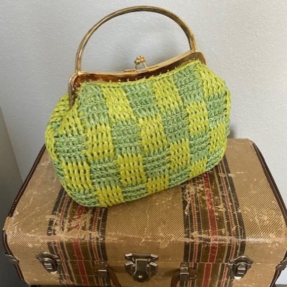 Handbags - RARE! Mid Century 1960s Vintage Green Woven Raffia Straw Handbag Purse